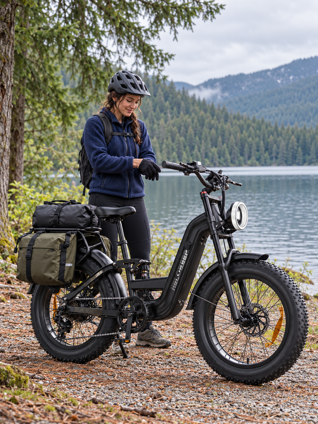 Helokeep 26F equipped with bags beside a lake