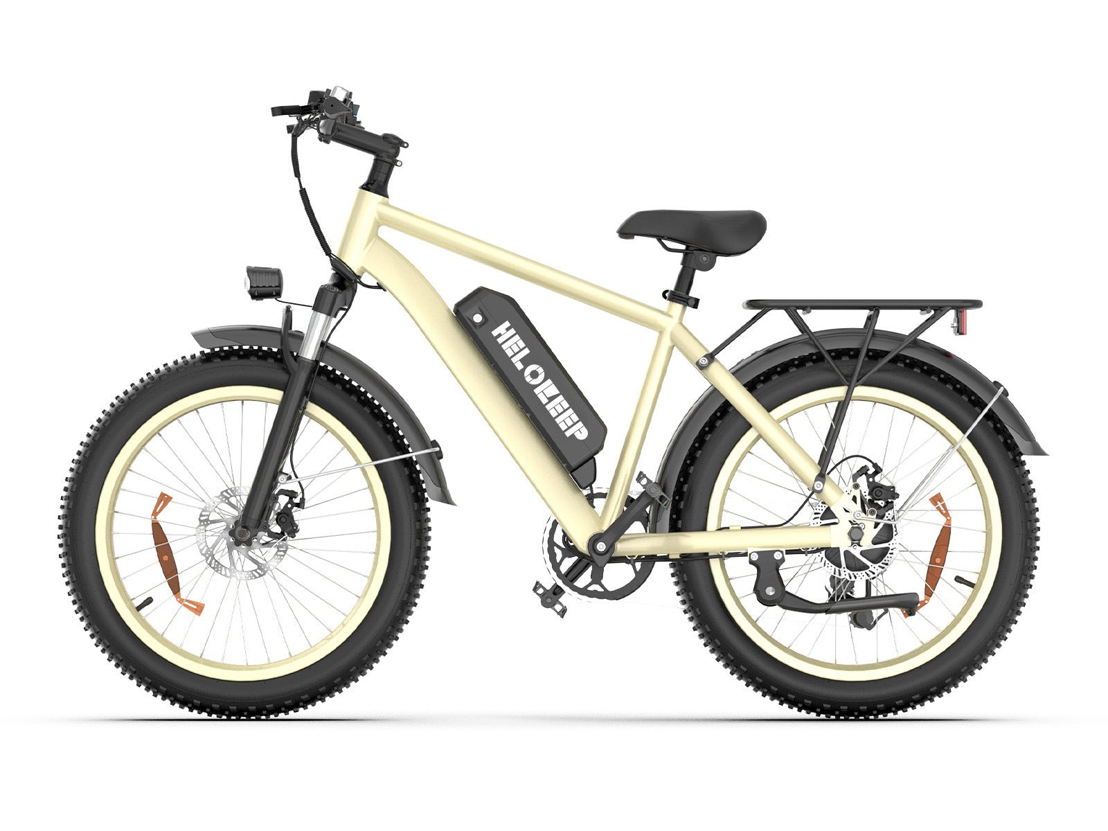 Fat tire electric bike with beige frame, rear rack, and front headlight, side view