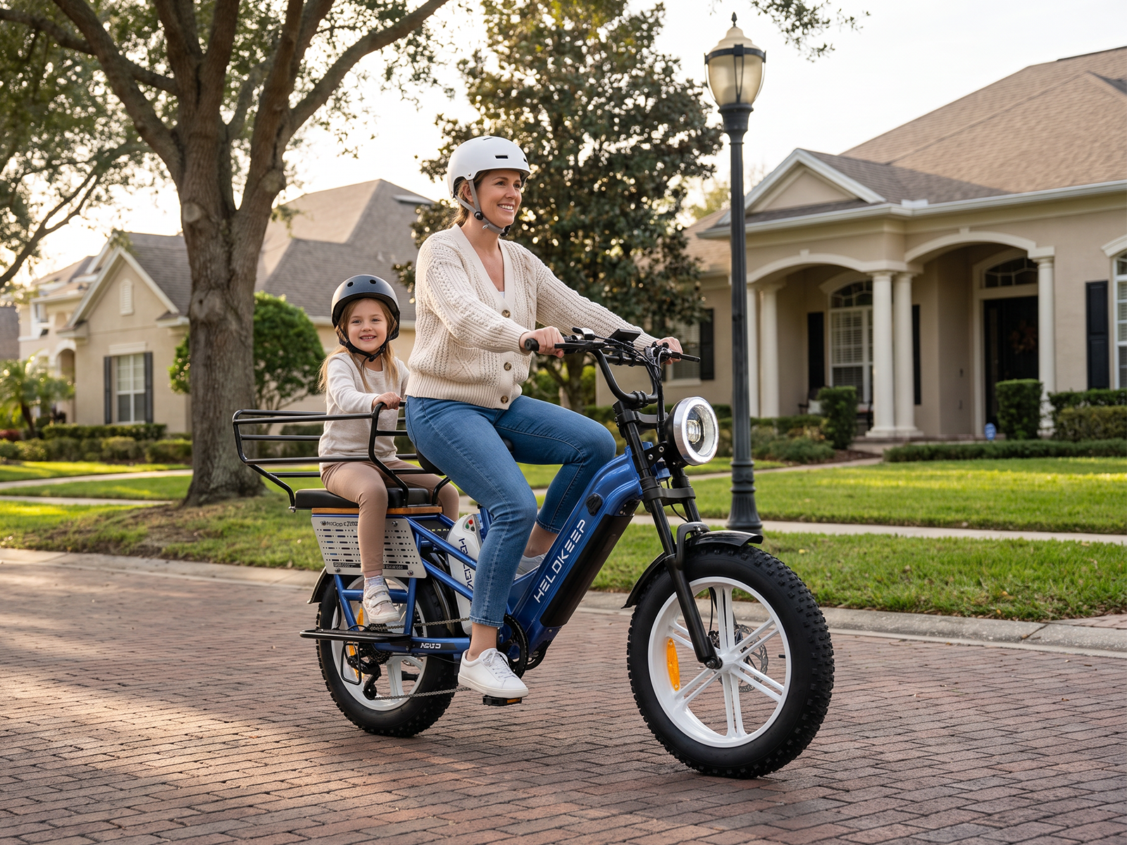 Helokeep CD20 long range dual battery cargo electric bike with child seat riding in suburban neighborhood