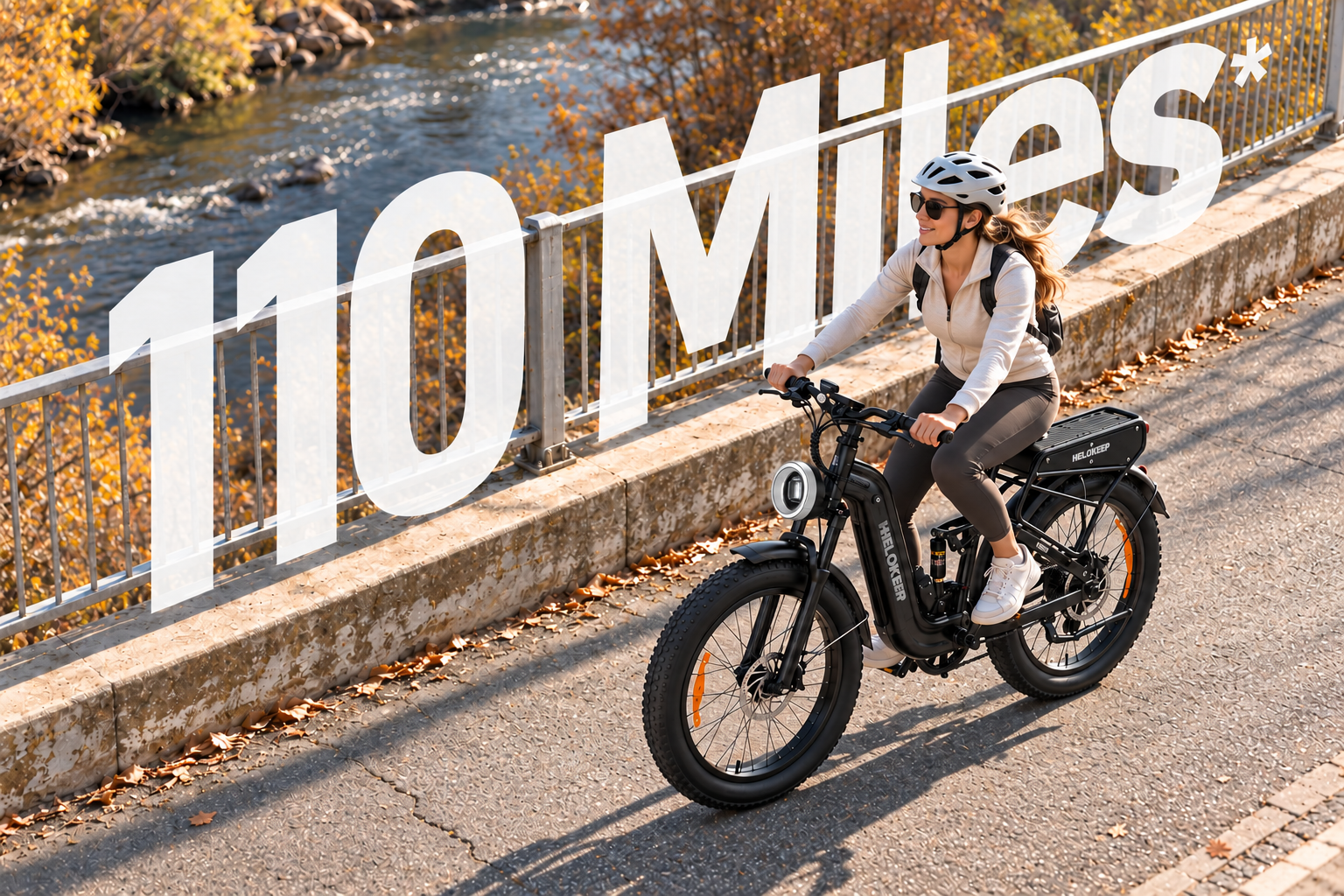 Helmeted woman riding a black Helokeep 26F beside a river with a 110 Miles range graphic