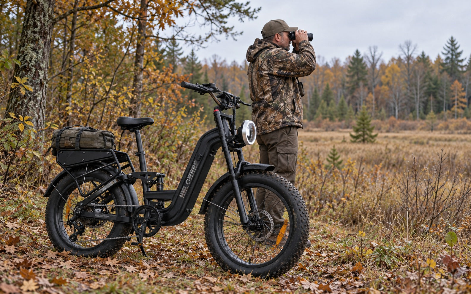Outdoorsman scouting with binoculars beside a black Helokeep 26F